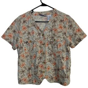VTG Erika & Co Linen Cotton Blend Floral Buttoned Short Sleeve Top Petite Large